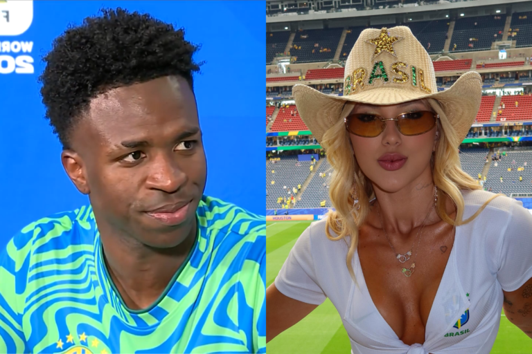 O jogador de futebol Vini Jr. com a camisa da Seleção Brasileira à esquerda e a influenciadora Virginia Fonseca usando um chapéu de cowboy escrito 