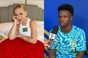 Virginia Fonseca com regata da bandeira do Brasil apoiada em rosas vermelhas ao lado de Vini Jr. dando entrevista com uniforme da Seleção Brasileira.