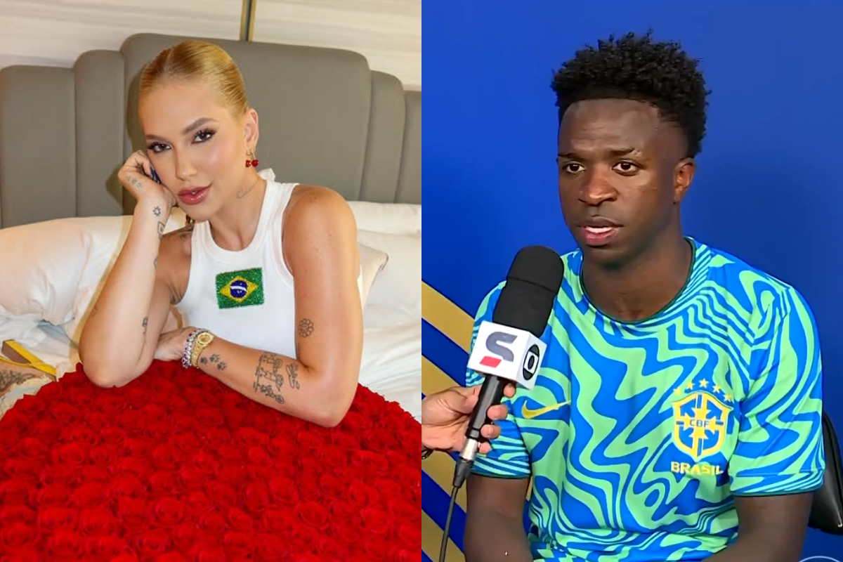 Virginia Fonseca com regata da bandeira do Brasil apoiada em rosas vermelhas ao lado de Vini Jr. dando entrevista com uniforme da Seleção Brasileira.