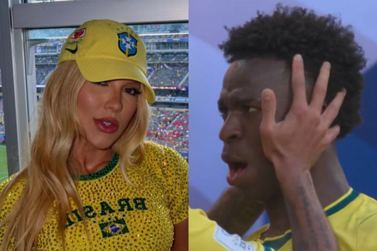 Virginia Fonseca vestindo camisa e boné do Brasil ao lado de Vini Jr. em campo durante partida da Seleção Brasileira.
