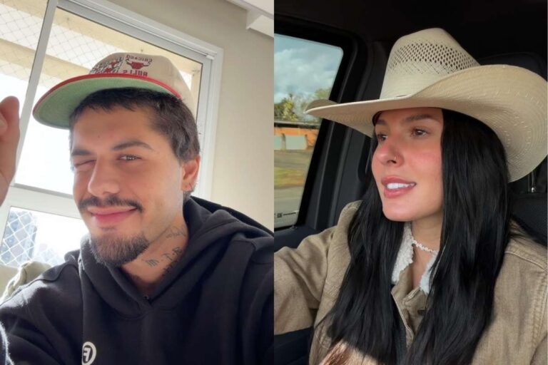Zé Felipe usando boné e Ana Castela de chapéu de cowboy em registro lado a lado.