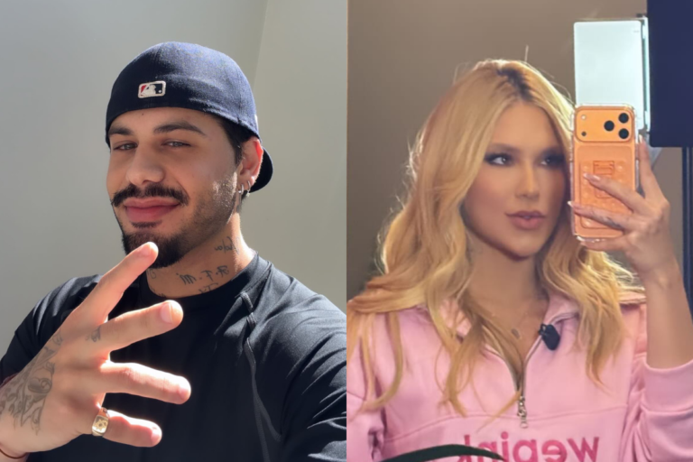 Montagem com duas fotos lado a lado. À esquerda, o cantor Zé Felipe sorri usando boné preto virado para trás, camiseta preta e mostrando a mão com tatuagens e anel. À direita, a influenciadora Virginia Fonseca tira uma foto no espelho com seu celular, exibindo cabelos loiros ondulados e vestindo um moletom rosa.