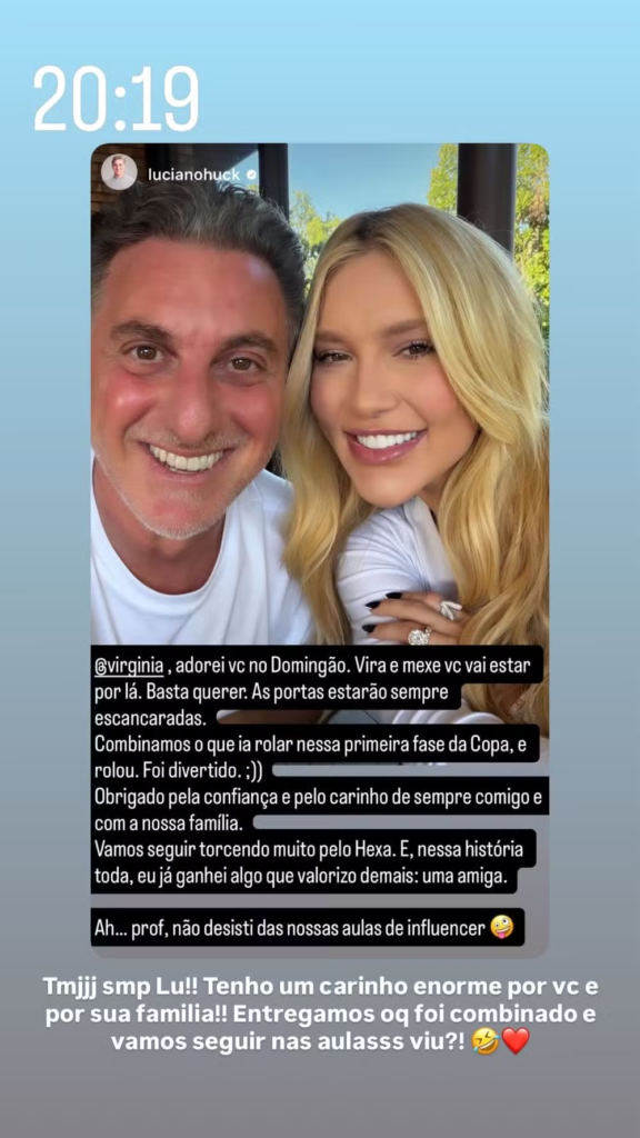 Luciano Huck e Virginia Fonseca sorridentes em selfie publicada no Instagram, com texto sobre a participação da influenciadora no programa Domingão.
