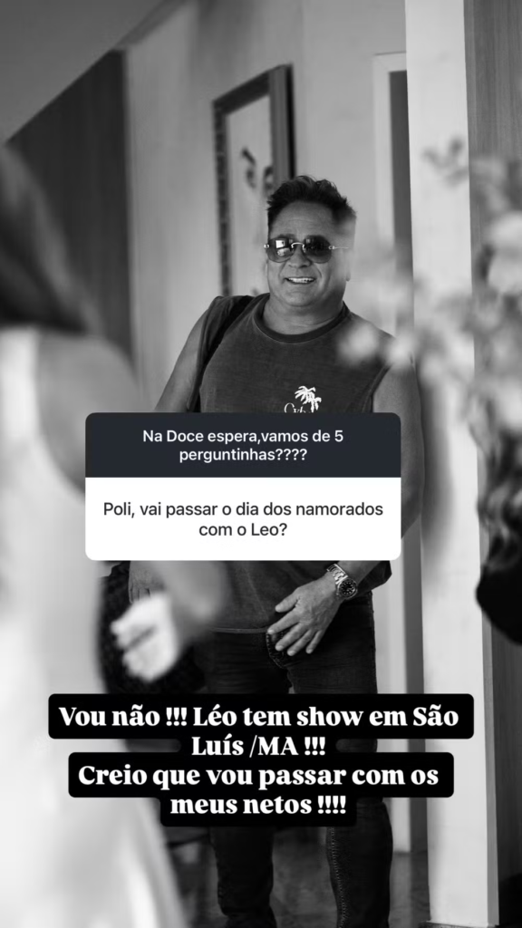 Print de story no Instagram com o cantor Leonardo ao fundo, vestindo regata e óculos escuros, sobreposto por uma caixa de perguntas com o texto