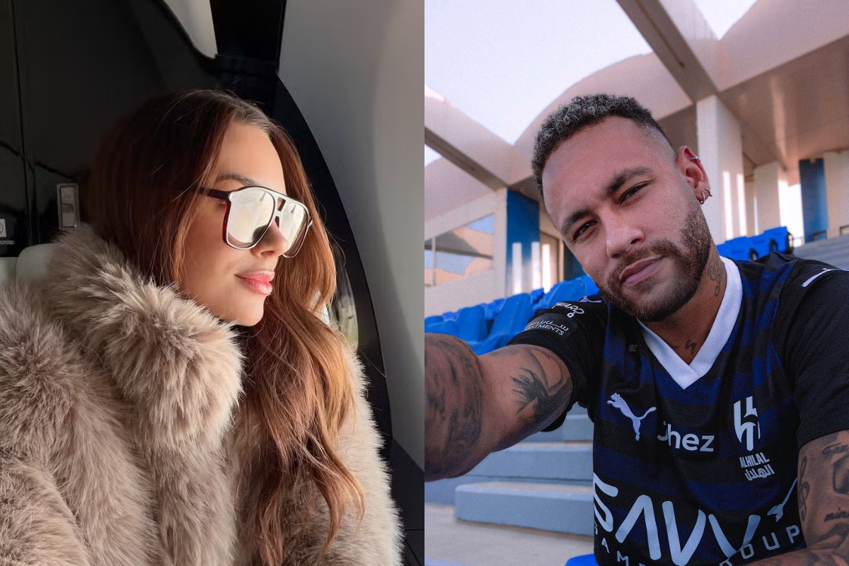Bruna Biancardi usando óculos escuros e casaco de pele ao lado de Neymar vestindo a camisa do Al-Hilal em um estádio.