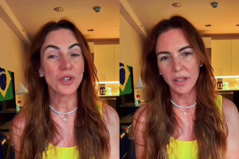 Duas capturas de tela lado a lado de Glenda Kozlowski falando de frente para a câmera. Ela tem cabelos longos e soltos, veste uma blusa amarela e usa um colar brilhante. Ao fundo, um ambiente interno iluminado com uma bandeira do Brasil pendurada.