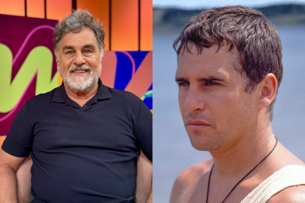 Montagem com o ator Marcos Frota atualmente, sorrindo e usando uma camisa polo preta, ao lado de uma foto de arquivo do ator mais jovem em um papel de época.