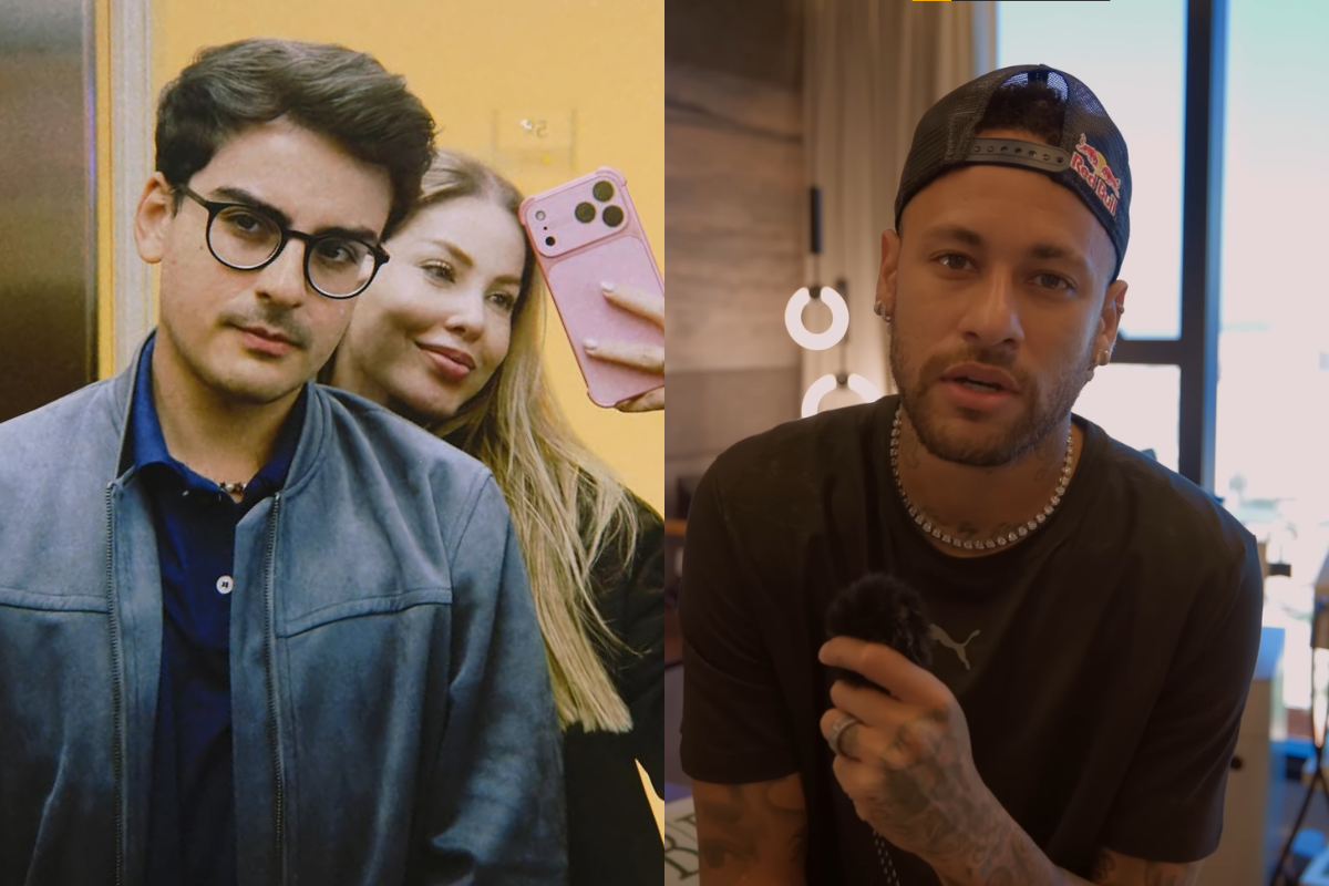 Composição lado a lado com duas fotos. Na imagem da esquerda, o apresentador Dudu Camargo de óculos e jaqueta cinza, e a influenciadora Saory Cardoso sorrindo atrás dele, segurando um celular cor-de-rosa para uma selfie. Na imagem da direita, o jogador de futebol Neymar, vestindo boné preto para trás e camiseta preta, segurando um microfone de lapela e olhando para a câmera.
