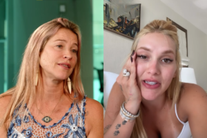 Montagem de duas fotos lado a lado. À esquerda, Luana Piovani com cabelos loiros soltos, blusa de crochê azul e branca, colar de olho grego e brincos grandes de concha, olhando ligeiramente para o lado com expressão séria. À direita, Virginia Fonseca com cabelos loiros semipresos, blusa branca, anel de diamante grande e várias pulseiras, apoiando a mão direita no rosto próximo ao olho, enquanto olha diretamente para a câmera.