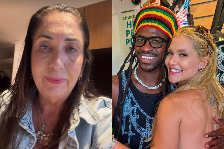 Montagem com dois quadros. À esquerda, Margareth Serrão com cabelos castanhos soltos, vestindo jaqueta jeans e colares. À direita, Vini Jr usando gorro nas cores do reggae, óculos de armação grossa e regata preta, sorrindo abraçado com Virginia Fonseca, que é loira e sorri para a câmera.