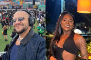 Montagem com Gominho à esquerda, sorrindo com óculos escuros, jaqueta e fones de ouvido em um festival ao ar livre, e Jojo Todynho à direita, sorrindo com cabelos soltos escuros e top preto com recortes.