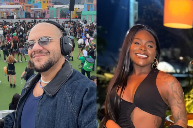 Montagem com Gominho à esquerda, sorrindo com óculos escuros, jaqueta e fones de ouvido em um festival ao ar livre, e Jojo Todynho à direita, sorrindo com cabelos soltos escuros e top preto com recortes.