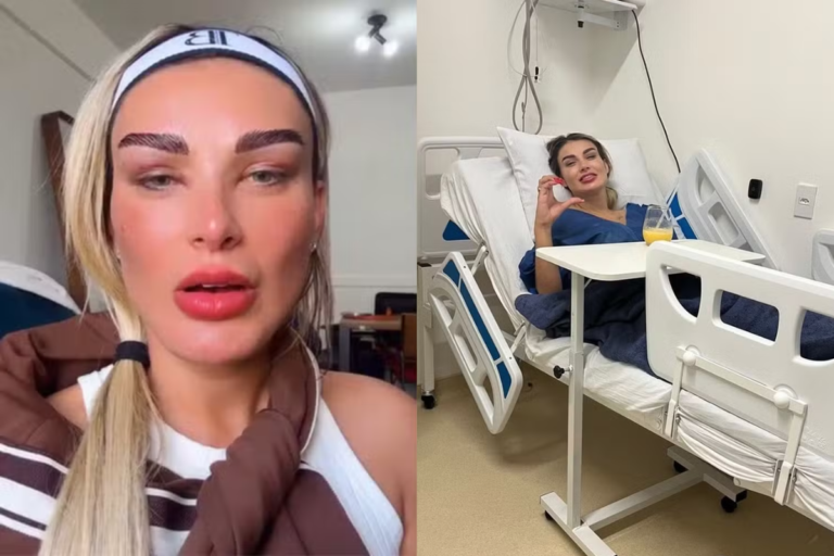 Montagem com duas fotos de Andressa Urach. À esquerda, rosto em primeiro plano com faixa no cabelo, maquiagem leve e blusa com casaco marrom e branco. À direita, ela aparece deitada em uma cama de hospital, vestindo camisola azul, fazendo um gesto de coração com as mãos e com um copo de suco em uma mesa de apoio.