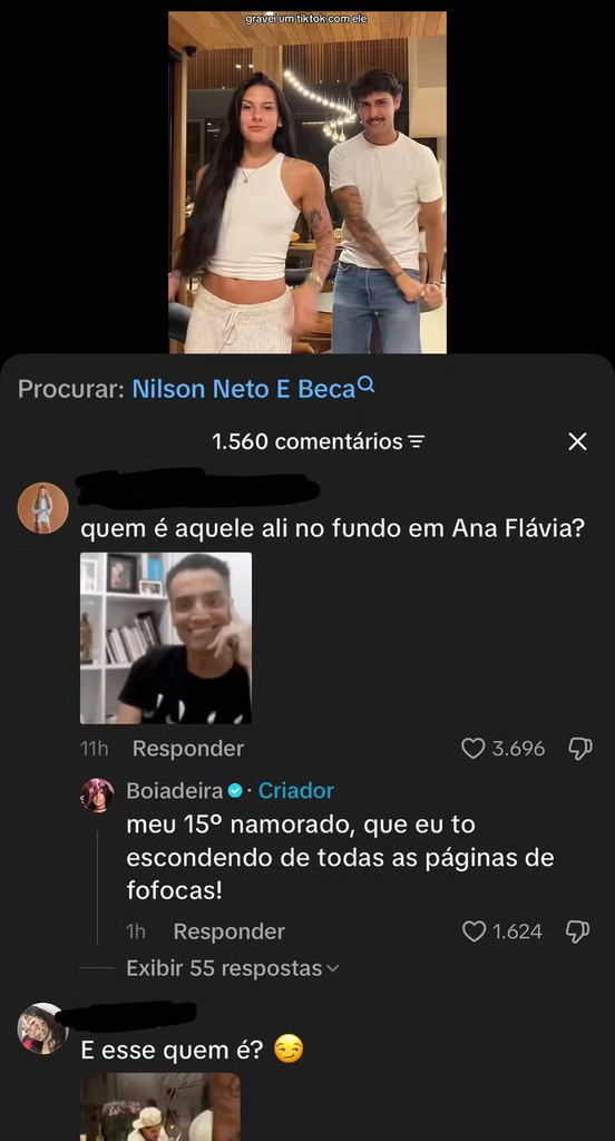 Captura de tela de uma rede social exibindo a cantora Ana Castela e um homem de camiseta branca na parte superior, seguida por uma seção de comentários abaixo, onde ela responde ironicamente a um seguidor que questiona sobre a identidade do rapaz.   