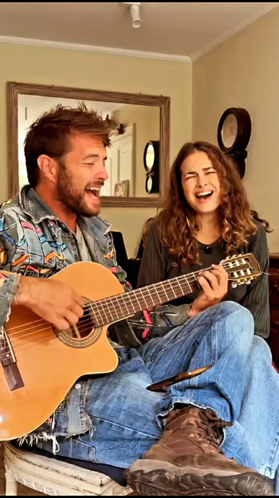 Pedro Sol Blanco toca violão e canta junto com Lua Blanco em ambiente interno   