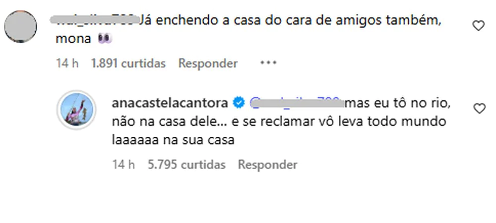 Comentário de Ana Castela em resposta a seguidor sobre comparação com Virginia Fonseca
