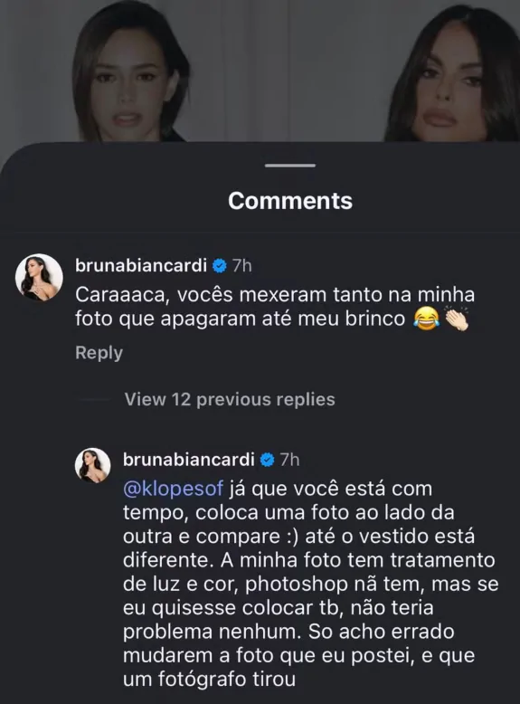 Comentários de Bruna Biancardi nas redes sociais