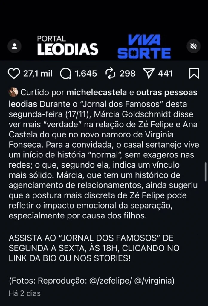 Post curtido pela mãe de Ana Castela