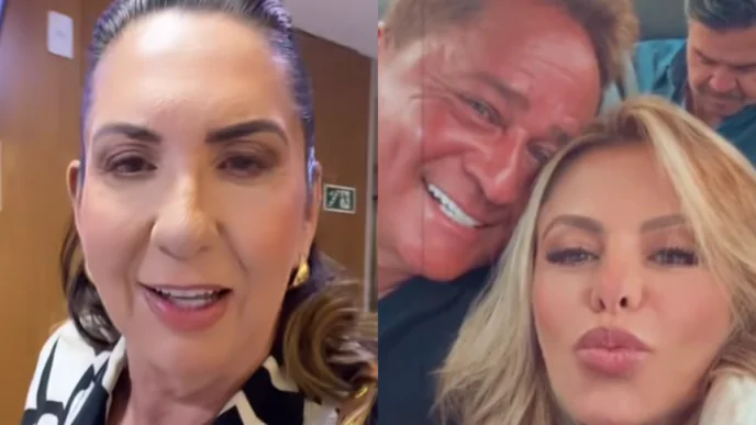 Margareth Serrão, mãe de Virginia, com o cantor Leonardo e a mulher Poliana Rocha