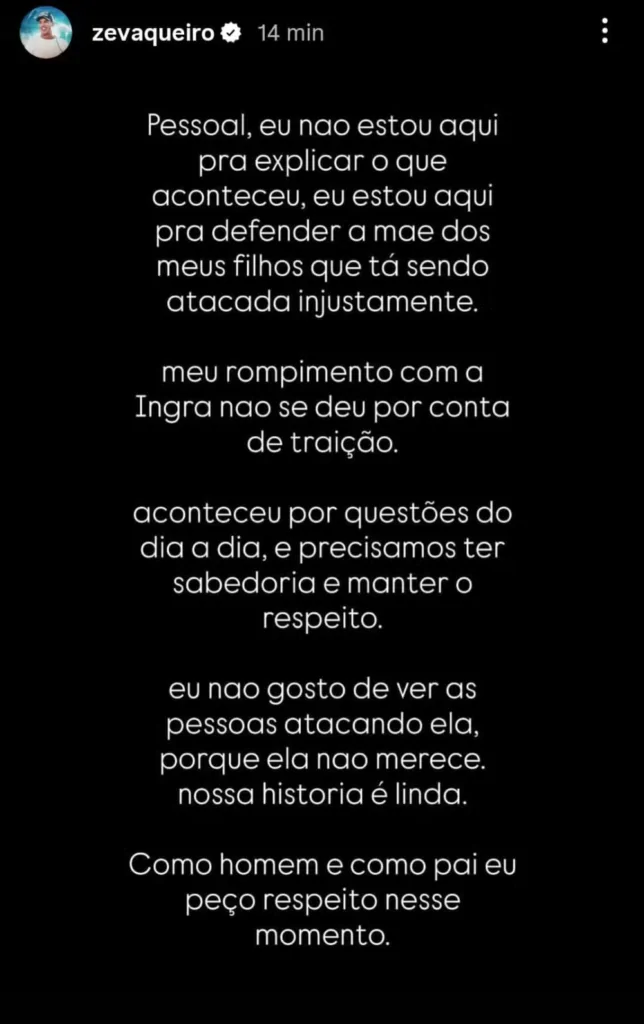 Publicação feita pelo cantor Zé Vaqueiro no Instagram sobre fim do casamento com Ingra Soares