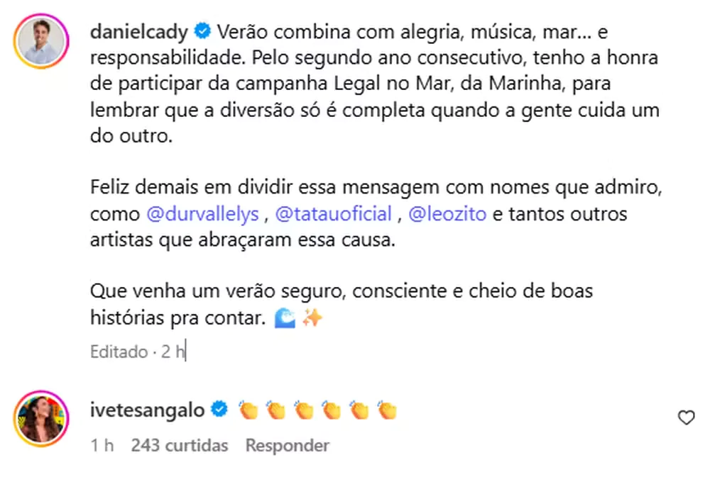 Comentário de Ivete Sangalo em post do ex-marido, Daniel Cady