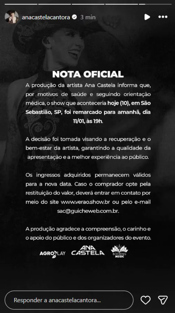 Comunicado sobre cancelamento de show da cantora Ana Castela