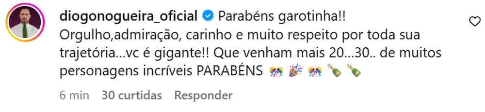 Comentário do cantor Diogo Nogueira em post da atriz Paolla Oliveira um mês após fim do relacionamento