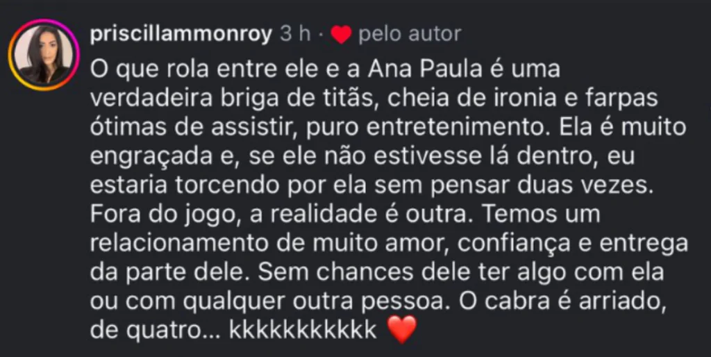 Comentário Priscilla Monroy, mulher de Alberto Cowboy, do BBB 26