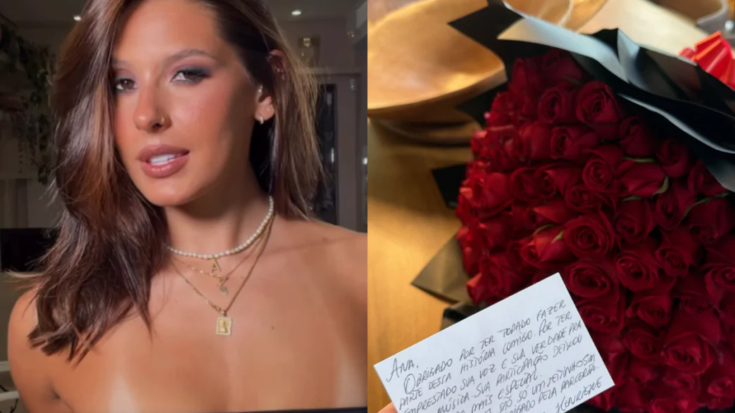 Cantora Ana Castela e buquê de flores que recebeu